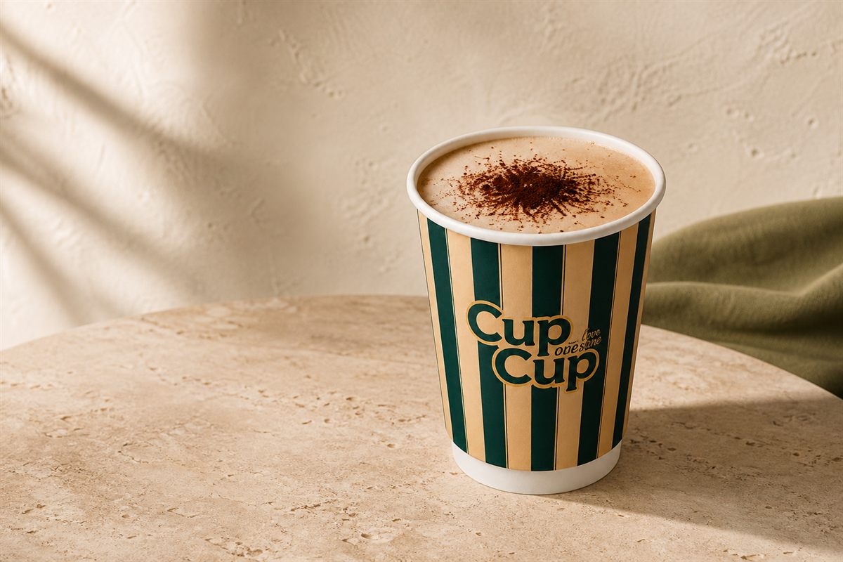 A Cup Cup coffee in a branded striped cup